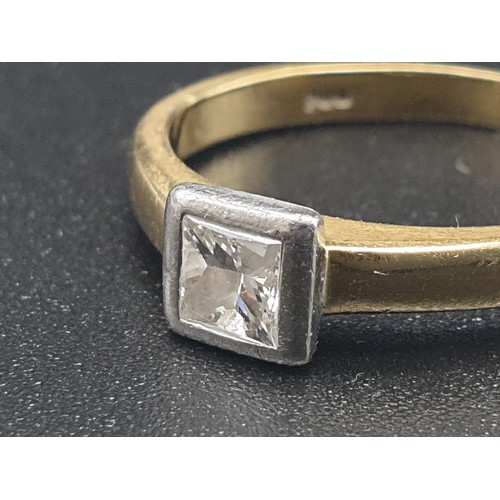 49 - 18k Yellow Gold Diamond Ladies Ring. Size J. 3.11g. Princess cut diamond. Original heart-shaped box.
