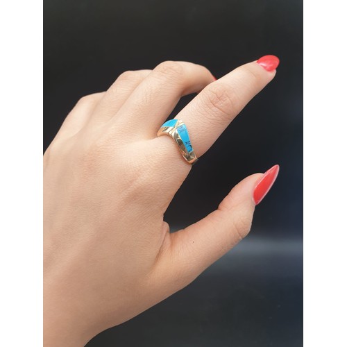 311 - 18K Yellow Gold Turquoise Set Ring. 
3.3g. Size N