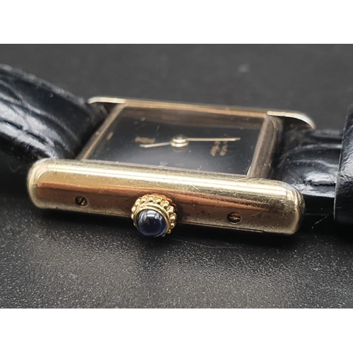 15 - Must de Cartier ladies wristwatch with black square face, gold plate and leather strap, 26mm x 20mm
