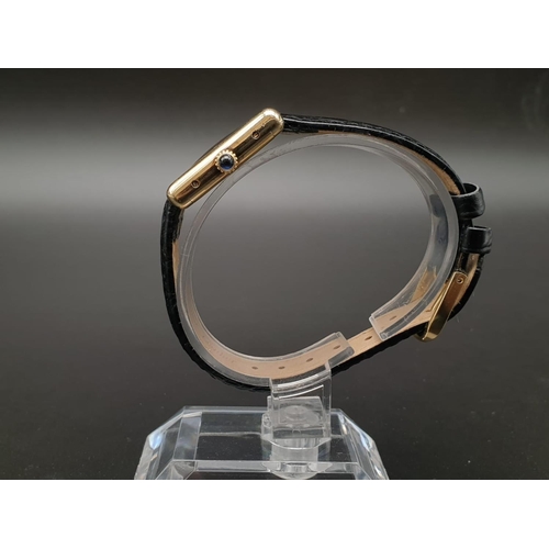 15 - Must de Cartier ladies wristwatch with black square face, gold plate and leather strap, 26mm x 20mm