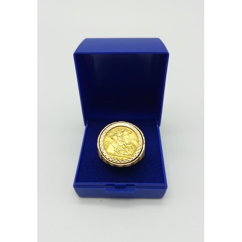 133 - A 22K 1914 Half Sovereign in a 9K Yellow Gold Ring.
Size Z. 10.64g total weight.