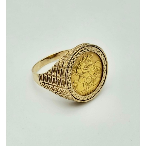 133 - A 22K 1914 Half Sovereign in a 9K Yellow Gold Ring.
Size Z. 10.64g total weight.