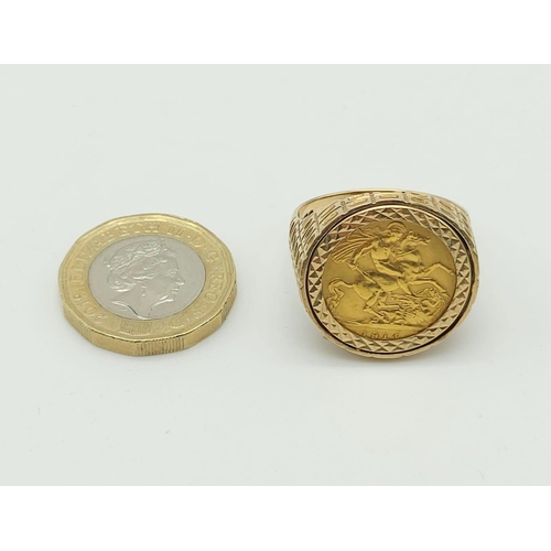 133 - A 22K 1914 Half Sovereign in a 9K Yellow Gold Ring.
Size Z. 10.64g total weight.