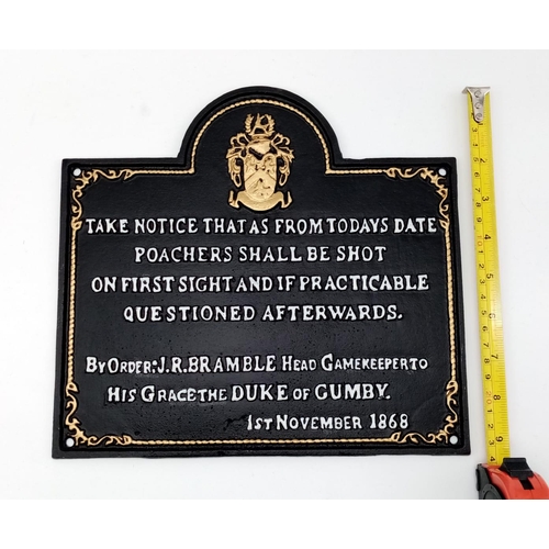 175 - A cast iron sign with a warning notice on poaching. Dimensions: 26 x 24 x 0.5 cm. Weight: 1.46 kg. (... 