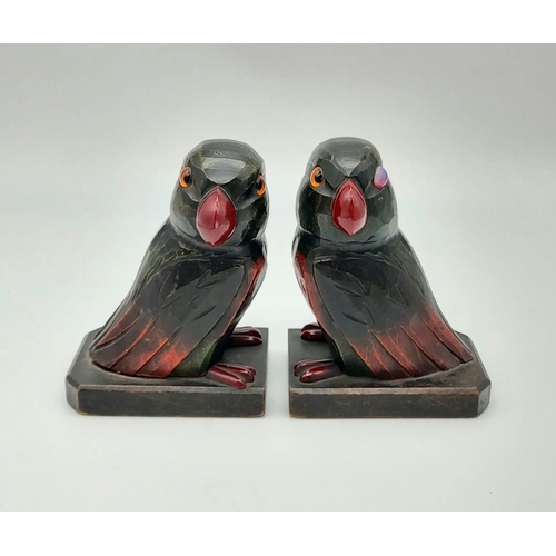 384 - A Pair of Early Carved wooden Love Bird Bookends with Cherry-Amber Beaks and Feet. 9 x 13.5cm