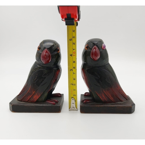 384 - A Pair of Early Carved wooden Love Bird Bookends with Cherry-Amber Beaks and Feet. 9 x 13.5cm