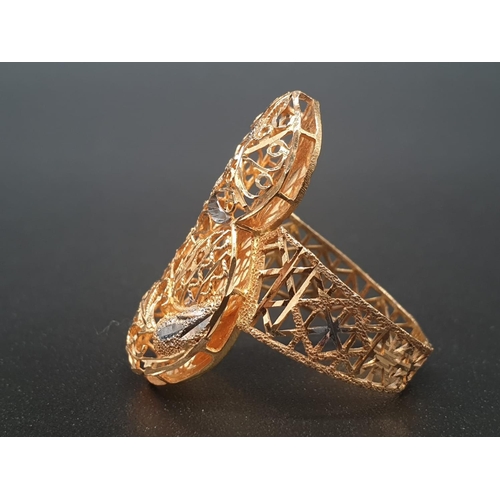 124 - 21ct yellow gold lattice ring featuring delicate filigree works on the shoulders and face in the sha... 