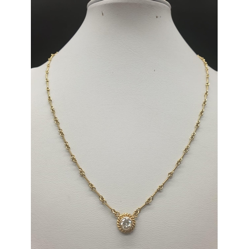 159 - 18k yellow gold twist chain necklace with .5ct diamond. Length 44cm, weight 8 grams.