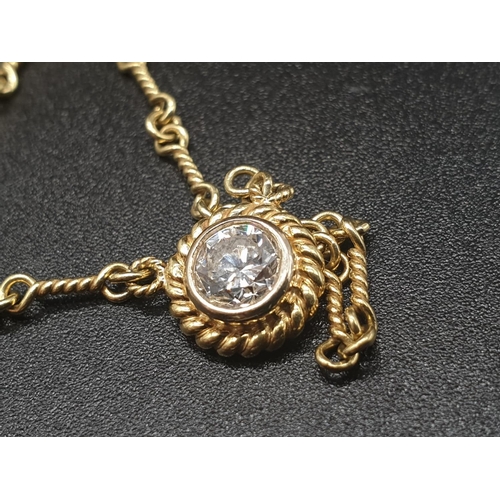 159 - 18k yellow gold twist chain necklace with .5ct diamond. Length 44cm, weight 8 grams.