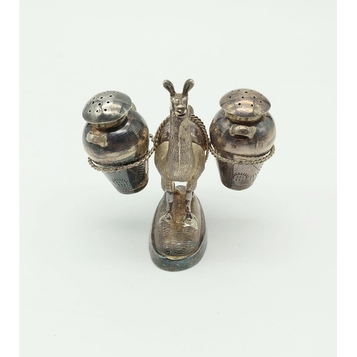 258 - An Antique Peruvian Novelty Cruet Salt and Pepper Set 
Housed on a Llamas Back. Hallmarked silver - ... 