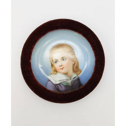 272 - Pair of Antique Porcelain Miniatures in Velvet and Leather Frames. 14cm diameter.