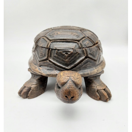 53 - An Antique Victorian Novelty Cigar Box Tortoise. Wooden carved with inlaid copper cigar dish.
36 x 2... 