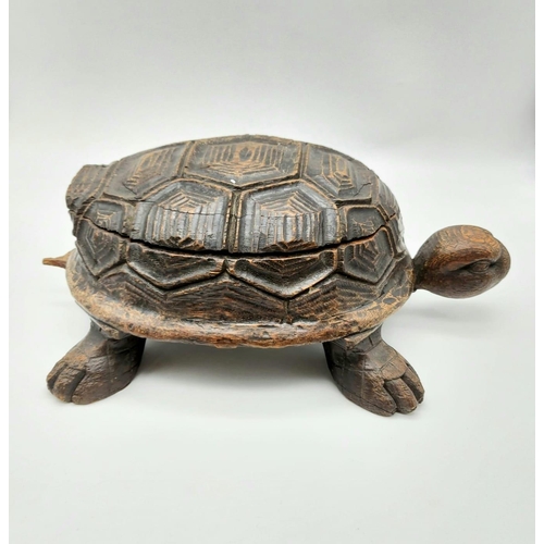 53 - An Antique Victorian Novelty Cigar Box Tortoise. Wooden carved with inlaid copper cigar dish.
36 x 2... 