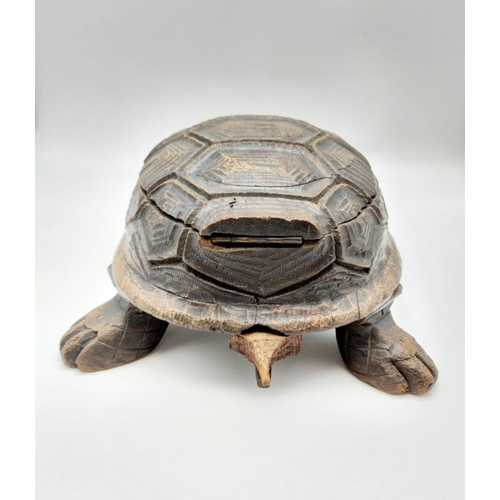 53 - An Antique Victorian Novelty Cigar Box Tortoise. Wooden carved with inlaid copper cigar dish.
36 x 2... 