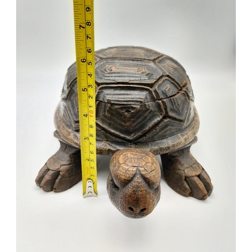 53 - An Antique Victorian Novelty Cigar Box Tortoise. Wooden carved with inlaid copper cigar dish.
36 x 2... 