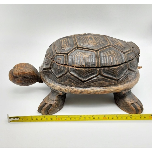 53 - An Antique Victorian Novelty Cigar Box Tortoise. Wooden carved with inlaid copper cigar dish.
36 x 2... 