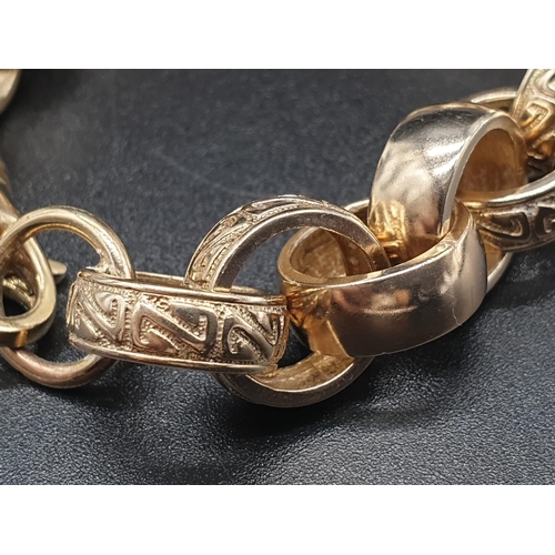 55 - 9ct yellow gold patterned belcher link bracelet. 24cm in length, Total weight 40 grams