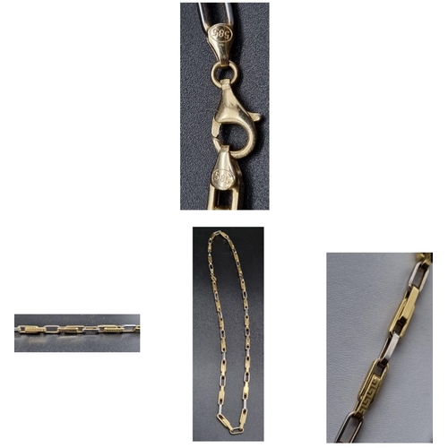 145 - 10ct bicolour link necklace with alternating patterned links. Length 61cm, total weight 20.6 grams