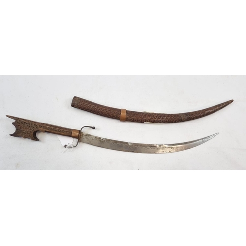 169 - An Antique Short Curved-Sword. Engravings on blade.
Decorative wooden scabbard and handle. 38cm leng... 