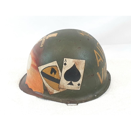 318 - Vietnam War Era US M1 Helmet with Post War Memorial Painted Dedicated to the 1 st Air Cav.