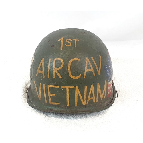 318 - Vietnam War Era US M1 Helmet with Post War Memorial Painted Dedicated to the 1 st Air Cav.