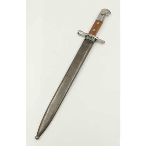 299 - An Elsener Schwyz Bayonet and Metal Scabbard. Marking on hilt of 523361. Length of blade -30cm.