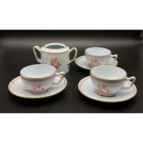 380 - Three Spode Red Trade Winds (gold trim) Teacups, Saucers and a Sugar Bowl. Good condition but A/F.