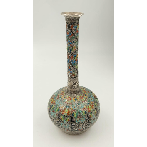 149 - A Beautiful Antique Multi-Coloured Enamel and Silver
Small Flower Vase - 17cm tall. Good condition b... 