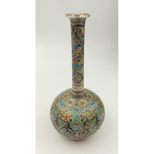 149 - A Beautiful Antique Multi-Coloured Enamel and Silver
Small Flower Vase - 17cm tall. Good condition b... 