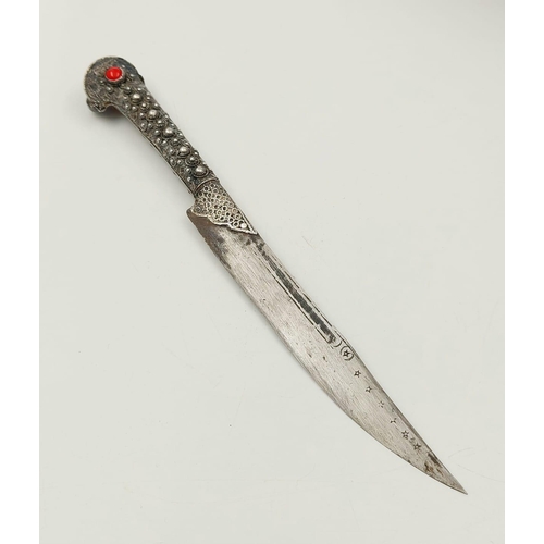 331 - A Rare Highly Decorated Ottoman Empire Period White Metal Handle Stone Set Bichak Dagger and Sheath ... 