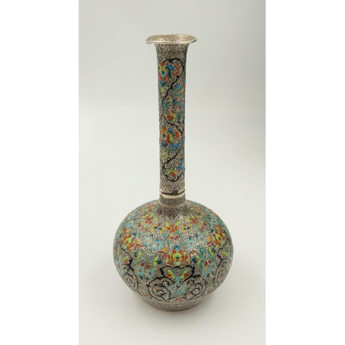 149 - A Beautiful Antique Multi-Coloured Enamel and Silver
Small Flower Vase - 17cm tall. Good condition b... 