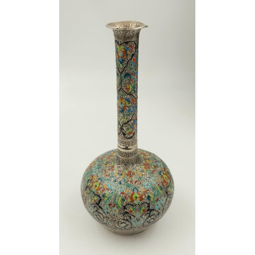 149 - A Beautiful Antique Multi-Coloured Enamel and Silver
Small Flower Vase - 17cm tall. Good condition b... 