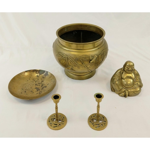 305 - A Large Chinese Brass Bowl - A Brass Hollow Buddha - Two Small Brass Dragon Candlesticks and a Brass... 