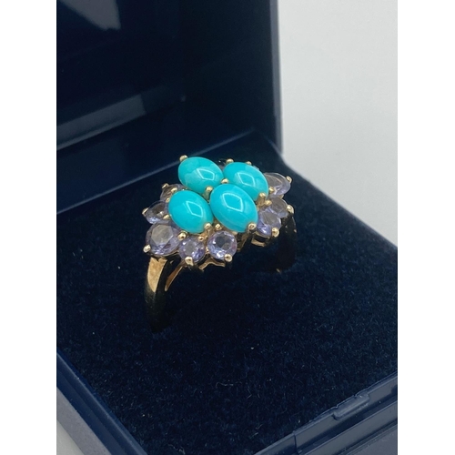 342 - SILVER RING having oval turquoise stones set to top with Tanzanite coloured stone surround .Silver G... 