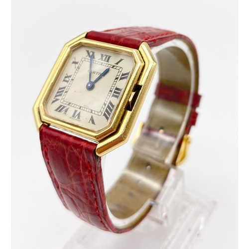 66 - AN 18K GOLD CARTIER OCTAGONAL TANK STYLE WATCH WITH ORIGINAL CARTIER LEATHER AND GOLD STRAP .  27 X ... 