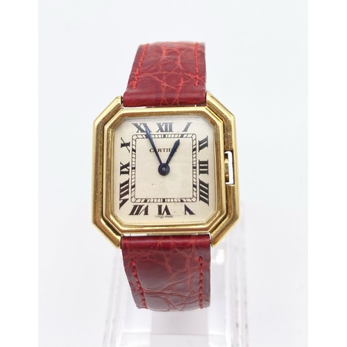 66 - AN 18K GOLD CARTIER OCTAGONAL TANK STYLE WATCH WITH ORIGINAL CARTIER LEATHER AND GOLD STRAP .  27 X ... 