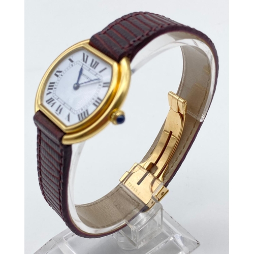 73 - A CARTIER 18K ROSE GOLD CIRCULAR WATCH WITH ROMAN NUMERALS AND LEATHER AND GOLD STRAP.  32mm