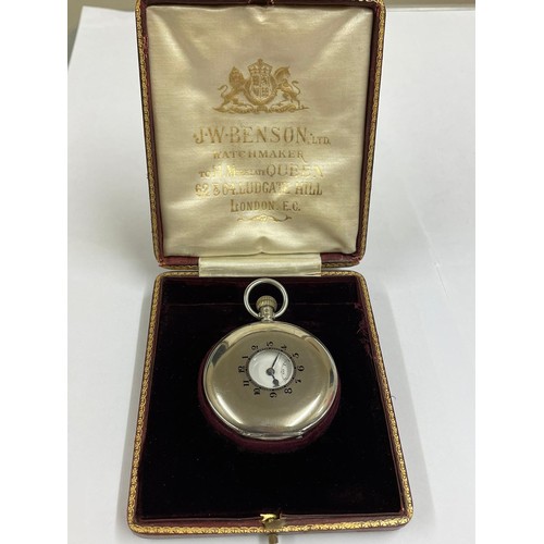 155 - Vintage silver hunter pocket watch & JW Benson box ( working ) sold with no guarantee