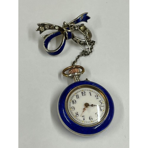 162 - Antique ladies silver & guilloche painted enamel pocket watch & brooch ( working ) sold with no guar... 