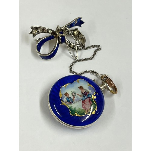 162 - Antique ladies silver & guilloche painted enamel pocket watch & brooch ( working ) sold with no guar... 