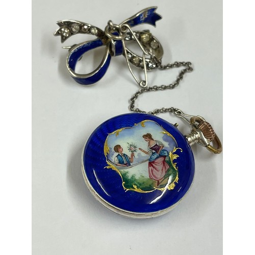 162 - Antique ladies silver & guilloche painted enamel pocket watch & brooch ( working ) sold with no guar... 