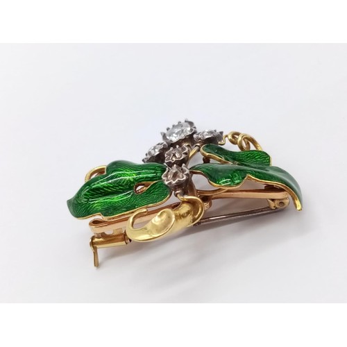 36 - An Art Nouveau, yellow gold, floral brooch with enamel and diamonds. Weight 12.6g. Dimensions: 4.2x3... 