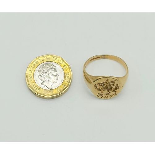 165 - 9k yellow gold Welsh Cymru signet ring, weight 6.4 grams, ring size U.