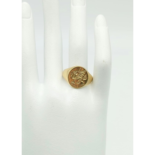 165 - 9k yellow gold Welsh Cymru signet ring, weight 6.4 grams, ring size U.