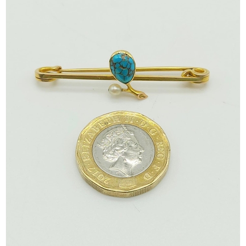 172 - 9k yellow gold bar broch with turquoise and pearl decal. 45mm length, weighs 2.8 grams