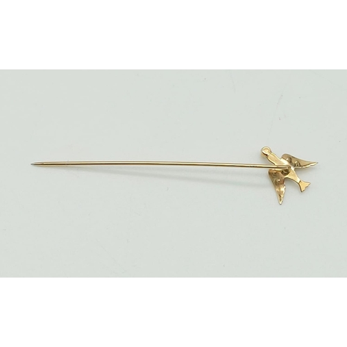 220 - 9k yellow gold tie pin featuring a swallow with seed pearls. weighs 0.7 grams, length 58mm.