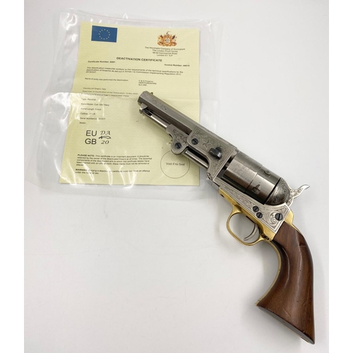 238 - A DEACTIVATED COLT 1851 NAVY BY PIETTA , BEAUTIFULLY ENGRAVED. CERT NO:8291 WITH WOODEN HANDLES AND ... 