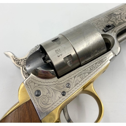 238 - A DEACTIVATED COLT 1851 NAVY BY PIETTA , BEAUTIFULLY ENGRAVED. CERT NO:8291 WITH WOODEN HANDLES AND ... 