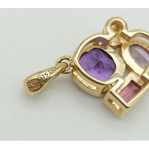 241 - 9k yellow gold diamond and amethyst pendant, 10mm length, weighs 1.4 grams