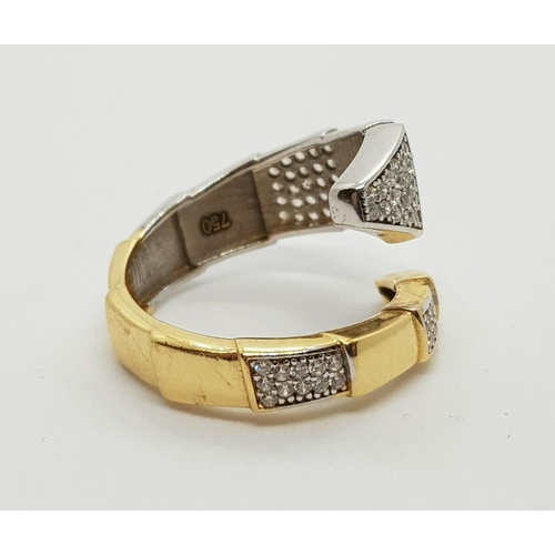 25 - 18k 2 colour gold and white stone set snake ring, weighs 5.5 grams, ring size O